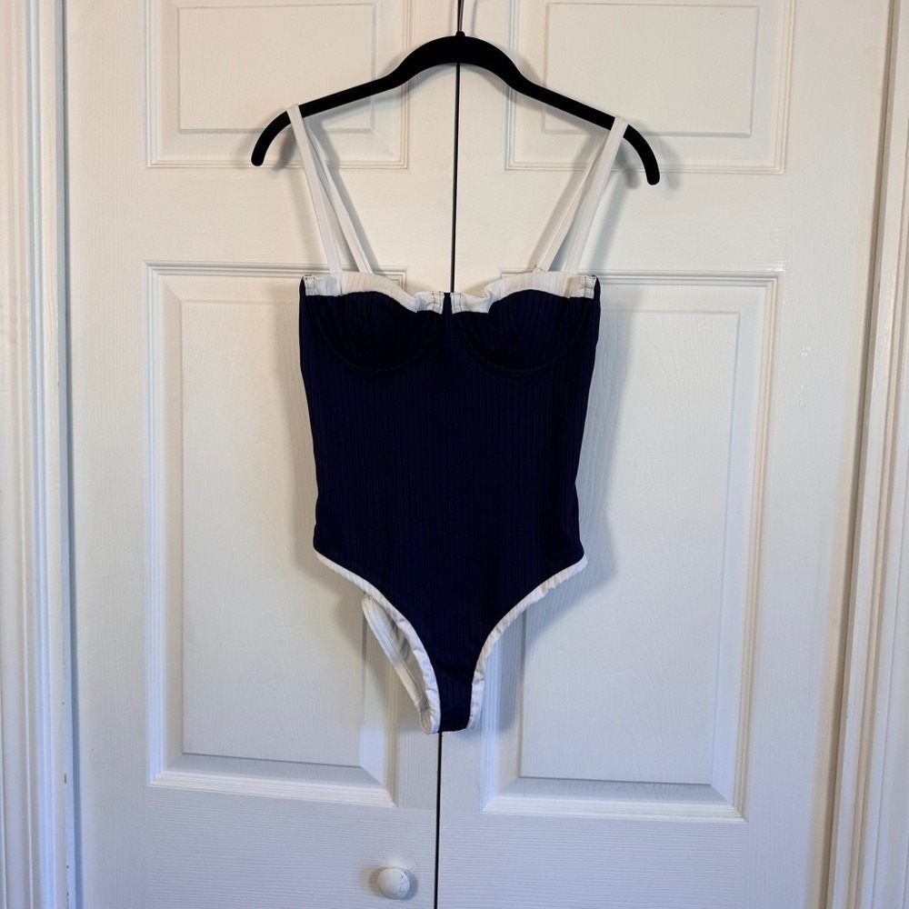 Aqua Swim Underwire One Piece Swimsuit Navy Blue White LARGE